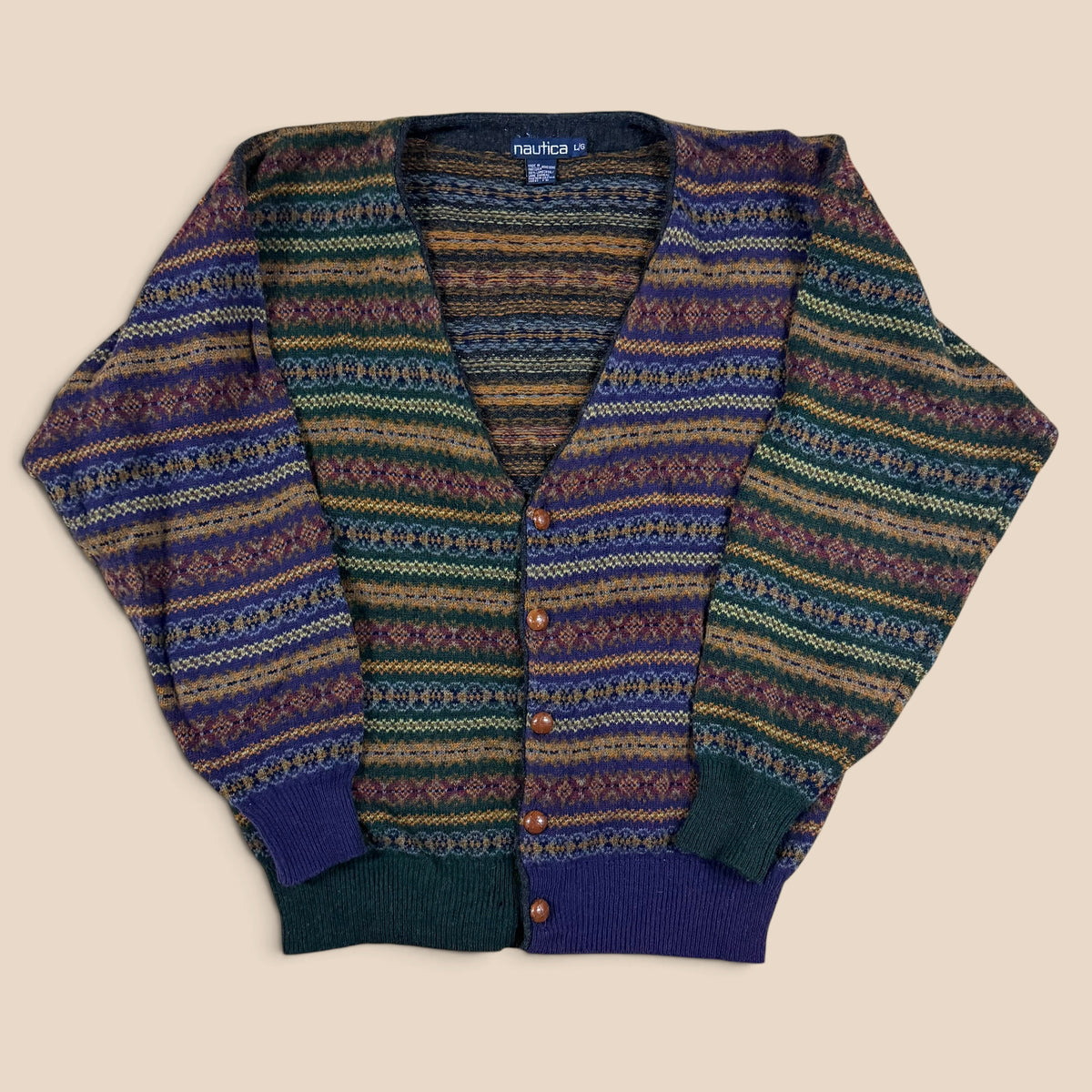 Vintage Nautica Fair Isle Wool Cardigan L