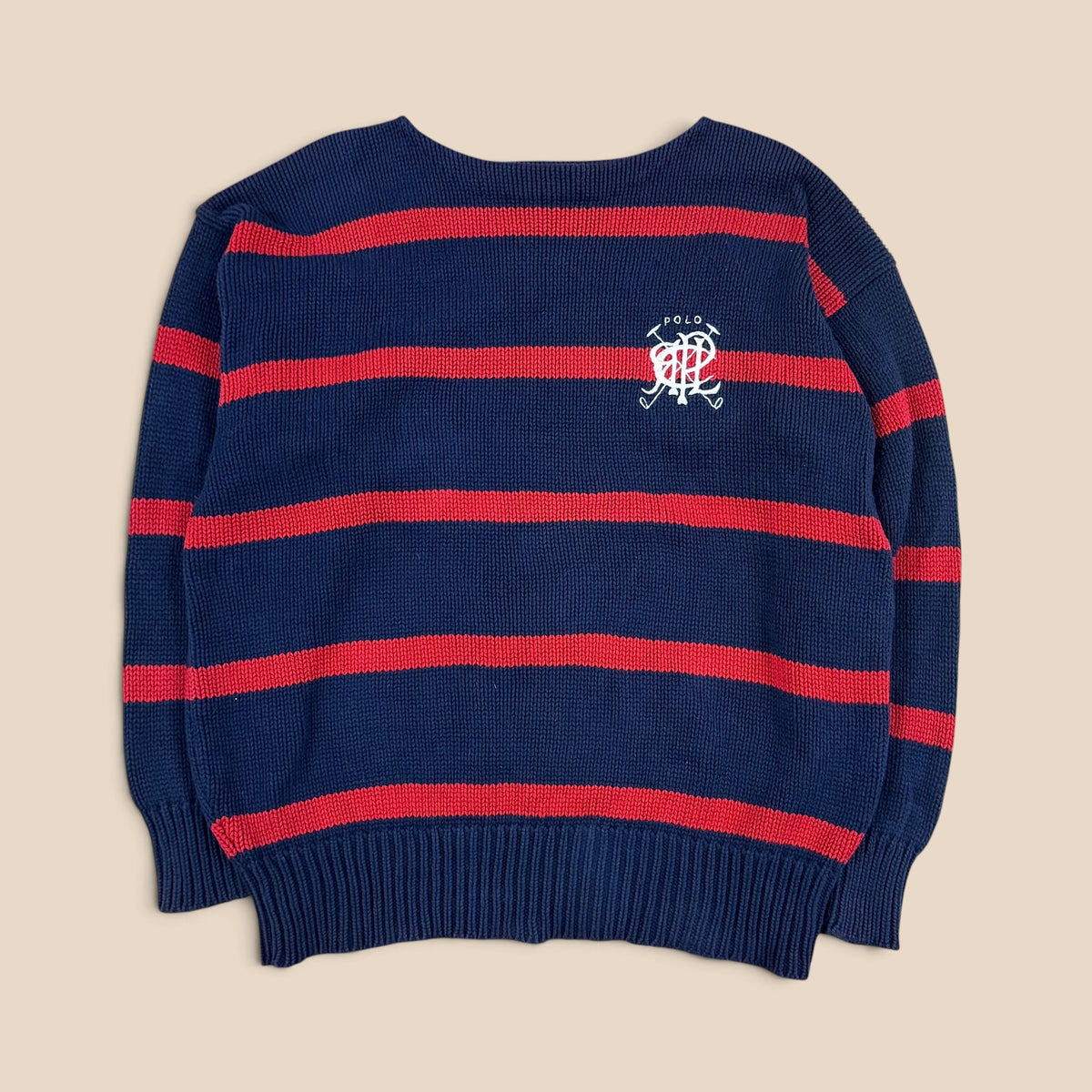 Vintage Ralph Lauren Striped Scribble Crest Cotton Knit Sweater Small
