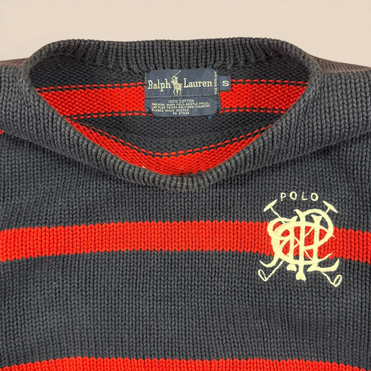 Vintage Ralph Lauren Striped Scribble Crest Cotton Knit Sweater Small